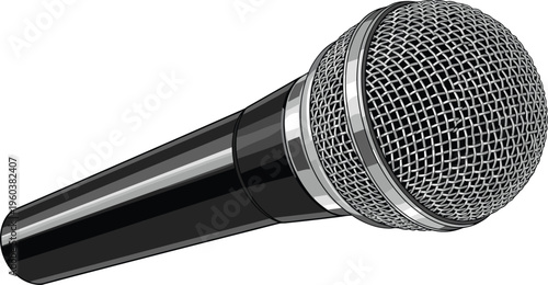 Realistic handheld microphone illustration with metallic grille and black body, professional audio equipment for music, recording, podcasting, broadcasting, and stage performance use