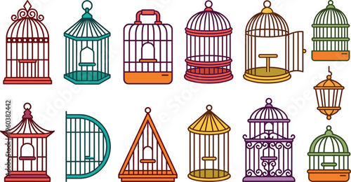 Collection of decorative bird cages in various shapes vintage style colorful flat vector illustration set for design projects