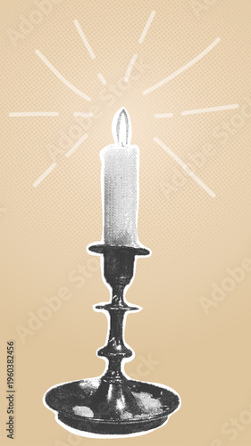 Burning candle in a vintage candlestick with a halftone texture. Trendy halftone collage. Retro candle illustration for cozy home decor and a romantic evening mood.