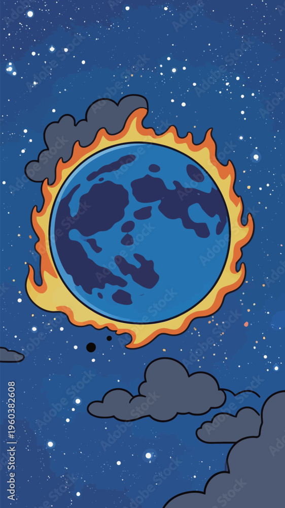 Naklejka premium Planet surrounded by flames in a starry sky at night with clouds in view