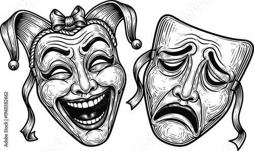 Theatrical comedy and tragedy masks illustration vintage engraving style black and white dramatic art for theater performance acting and entertainment design
