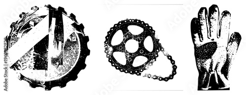 Black and white halftone vector illustration of bicycle components and a glove, mechanical, cycling gear, textured glove, isolated vector elements.