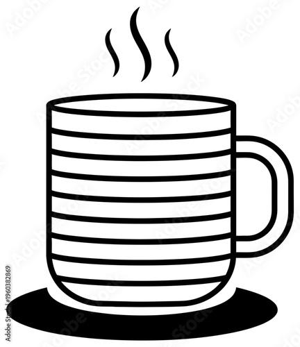 Coffee cup icon showing steaming hot beverage mug illustration placed on saucer