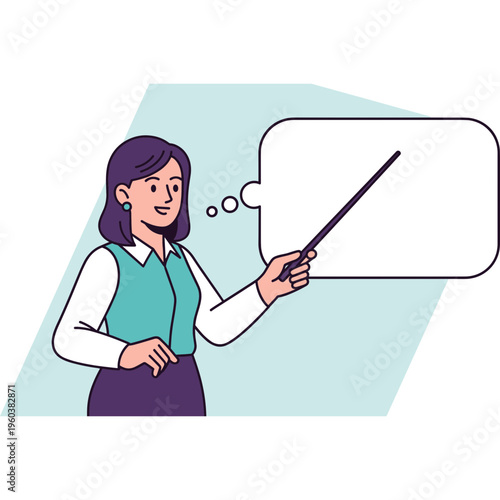 A smiling woman presents with a pointer to a blank speech bubble.