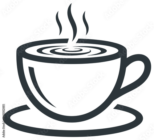 Coffee cup icon illustration showing steaming hot beverage mug placed on saucer