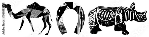 Camel, horseshoe, and rhino rendered in bold graphic style with halftone textures, stylized vector art, isolated animal motifs, fill, tribal inspired design.