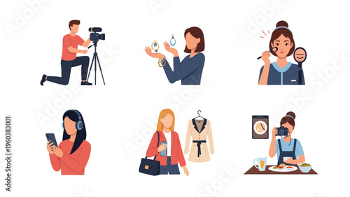 Modern Lifestyle Activities Set: Content Creation, Beauty Routines, Fashion, and Digital Hobbies Illustrations