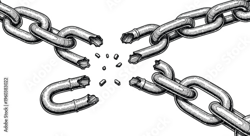 Broken chain illustration symbolizing freedom strength and liberation vintage engraving style detailed metal links vector design for independence concept