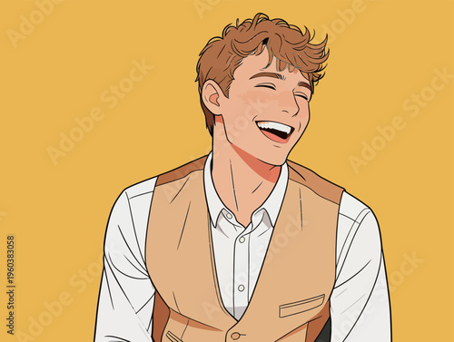 Man smiles happily in a bright setting while wearing a vest and a shirt with short sleeves, showing a joyful moment