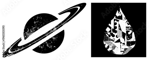 Saturn planet with rings, space, celestial body, planetary graphic, cosmic design, space exploration symbol, sci fi art.