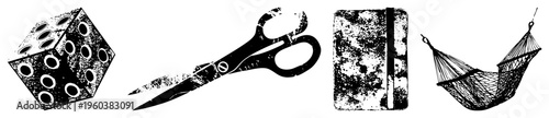 Retro scissors with worn blades, dotted die, textured book, netted hammock vector with distressed texture, isolated objects for design use.