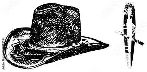 Western cowboy hat with star emblem, stiletto knife, rustic western gear, black and white halftone, classic western, isolated graphic elements.