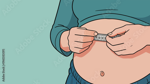 Measuring belly size with a tape measure in a simple indoor setting during the daytime