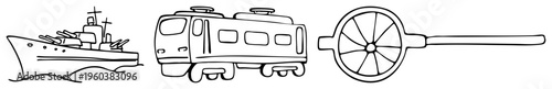 Black drawings of a warship, passenger train, and citrus squeezer, minimalist style, isolated objects, no shading, clean vector.