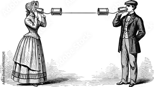 Vintage tin can telephone illustration with man and woman communicating, retro engraving style concept of connection, communication and long distance conversation