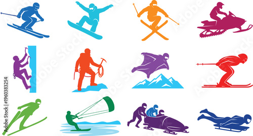 Collection of winter sports silhouettes colorful athletes skiing snowboarding snowmobile activities flat vector illustration set for sports design