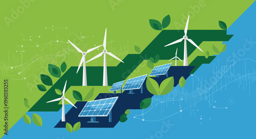 Renewable energy, sustainable power, eco friendly, green technology, solar panels, wind turbines, vector icons