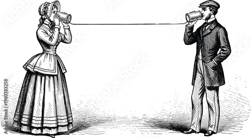 Vintage tin can telephone illustration with Victorian man and woman, retro engraving style communication concept showing long distance conversation connection