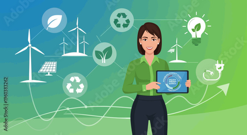 Eco friendly businesswoman, sustainable development icons, green technology, environmental conservation, renewable energy vector