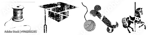 Set of four stylized thread spool, graduation cap, yarn ball, carousel horse. Black and white vector silhouettes with distressed texture. Educational, craft, and nostalgia themes.