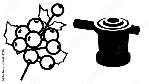 Stylized grape cluster with leaf and coffee percolator, minimalist, flat vector design, food and beverage symbols, isolated graphic elements.