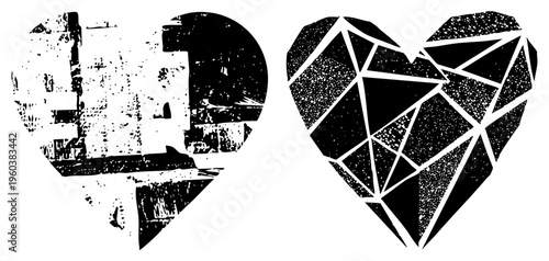 Geometric heart shapes with gritty textures, one urban decay style, one fragmented, vector art, graphic design elements.