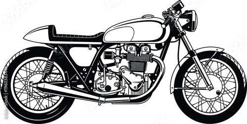Vintage cafe racer motorcycle illustration black and white classic bike retro style engine transport design isolated graphic element