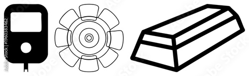 Digital player, mechanical gear, gold bar minimalist, flat vector design, isolated elements, technical symbols, financial asset, tech gadget.
