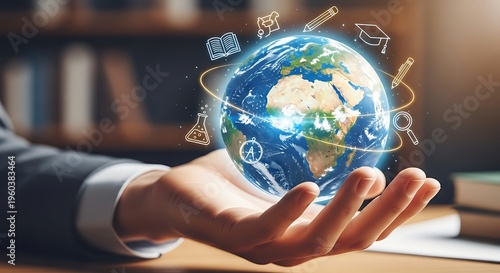 Businessman holding glowing earth with digital icons orbiting around