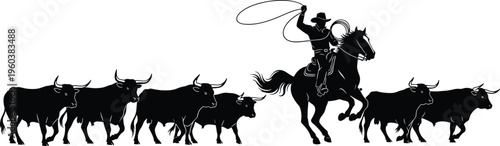 Cowboy herding cattle silhouette black and white illustration ranch livestock western horse rider lasso farm rural scene design