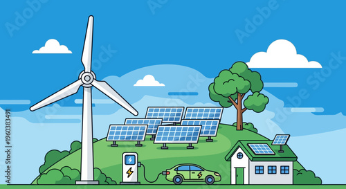 Eco friendly energy, sustainable power, green technology, renewable resources, solar panels, wind turbine