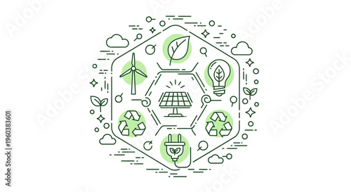 Eco friendly icons, green energy symbols, sustainable living graphics, environmental protection concepts