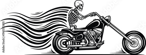 Skeleton riding motorcycle illustration black and white chopper bike rider flames speed skull biker tattoo style graphic design