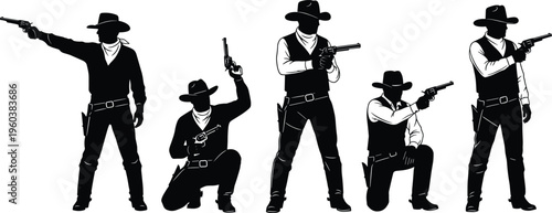 Cowboy gunfighter silhouettes black and white illustration western outlaw characters revolver action poses vintage wild west design collection