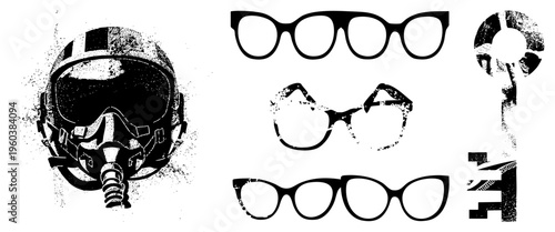 Aviation helmet with oxygen mask, retro eyeglass frames in round, cat eye, and wayfarer styles, halftone texture, vector graphic, isolated elements.