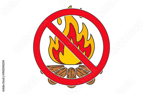 赤い禁止マークを重ねた、主線入りのたき火（焚き火）禁止のシンプルイラスト