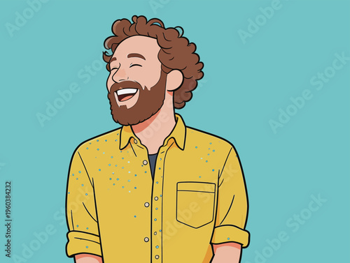 Man with curly hair smiles widely while wearing a yellow shirt against a blue background with no other details
