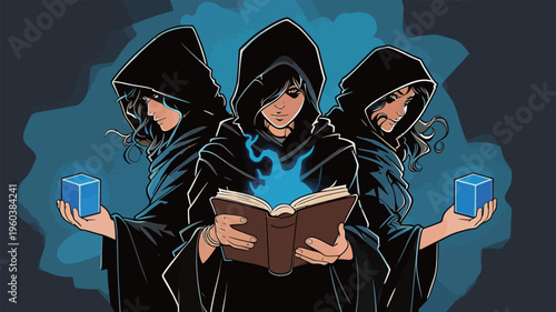 Three figures in hooded cloaks holding a book and glowing cubes in a mystical scene with blue background and dark tones