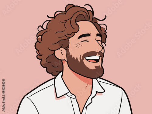 Man with curly hair and beard smiles happily on a pink background during a joyful moment in his day