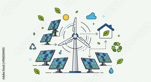 Eco friendly energy, sustainable power, renewable icons, solar and wind