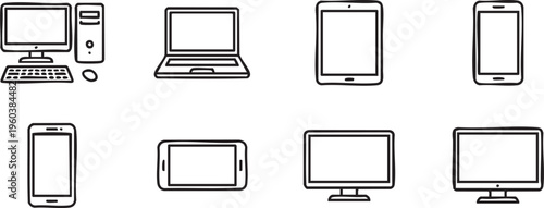 Digital device icon set of PC, smartphone, tablet, smartphone, screen editable stroke outline icons set in a white background.