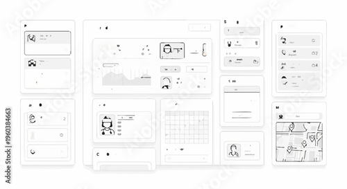 Collection of various technical diagrams and charts on paper.