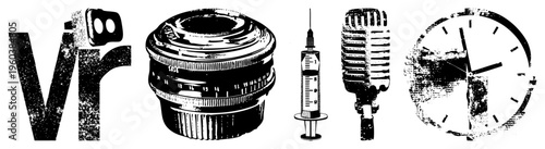 Retro styled tech symbols including VR headset, camera lens, medical syringe, vintage microphone, and analog clock, rendered in halftone vector art.