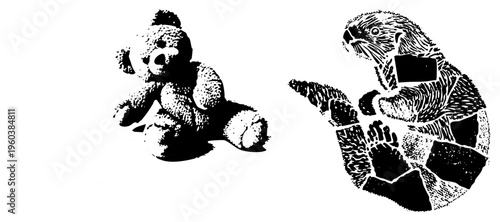 Black and white halftone teddy bear and otter, graphic design subjects, textured vector art, isolated characters, playful animal duo, illustration.