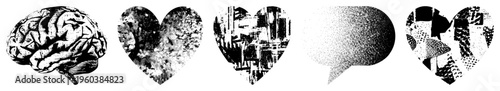 Brain and heart symbols rendered in halftone, glitch, and abstract textures, vector graphic, isolated foreground,, conceptual design.