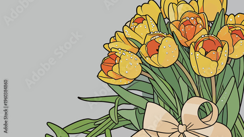 Colorful flowers in a vase with a bow for decoration during spring season on a plain background