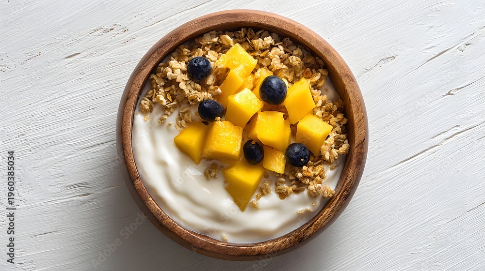 Fototapeta premium Delicious Yogurt Bowl with Fresh Mango and Blueberries.