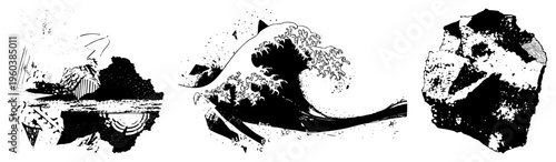 Stylized wave with splintered geometry, fractured stone textures, halftone grain, isolated graphic elements, bold black shapes on transparent background.