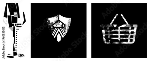 Stylized halftone vector wine glass, shield emblem, shopping basket. Graphic design elements with textured shading and bold. Modern minimalist aesthetic.