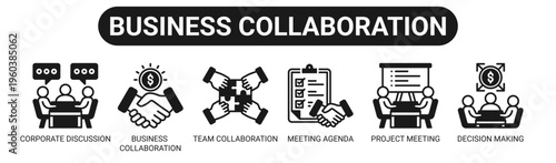 Business Collaboration web banner icon vector illustration concept with icons of corporate discussion, business collaboration, team collaboration, meeting agenda, project meeting, and decision making.